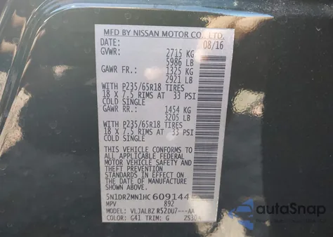 2017 Nissan Pathfinder S z USA, uszkodzony, nr VIN 5N1DR2MN1HC609144